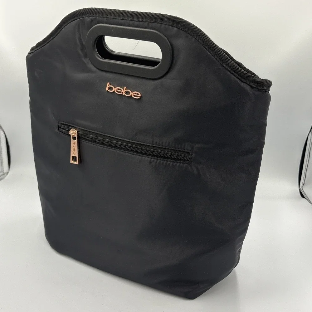BEBE Tanya Lunch Bag Insulated Zippered Pocket Handle Black Polyester 13.5x13